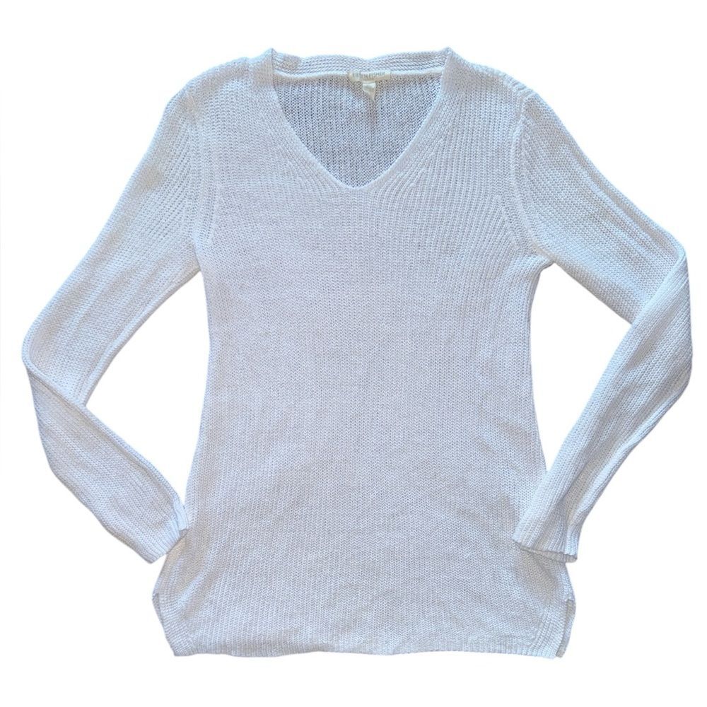 Eileen Fisher White 100% Linen Open Knit V-Neck Blouse Top Sweater Petite P XS S